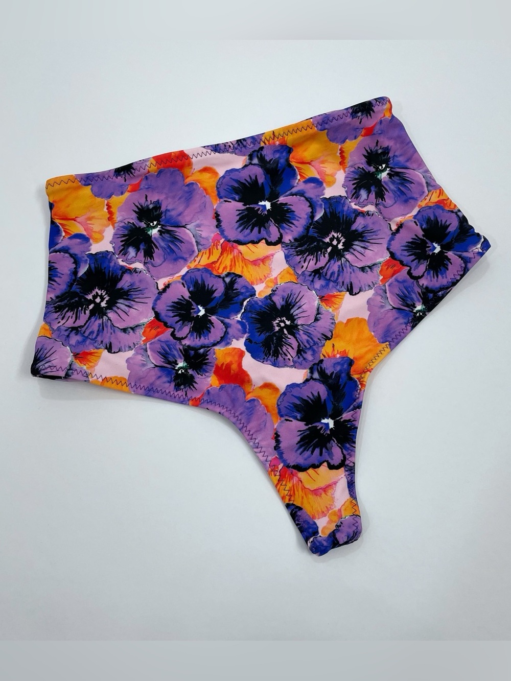 High-Waist Thong Floral Bikini Bottoms - Purple & Orange Pansy Print